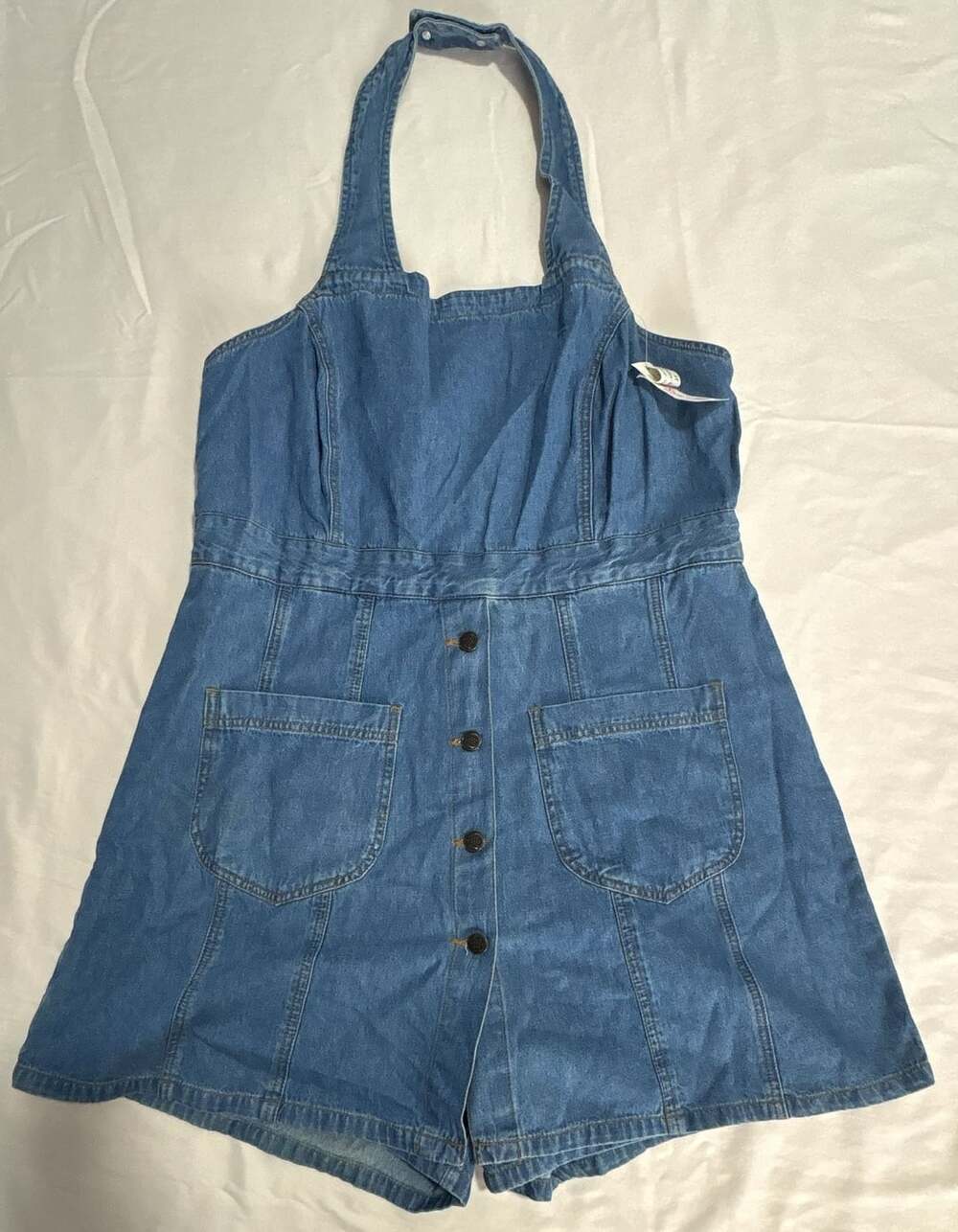 Fore Warned Denim Halter Romper Size 18 Blue Front Button Pocket